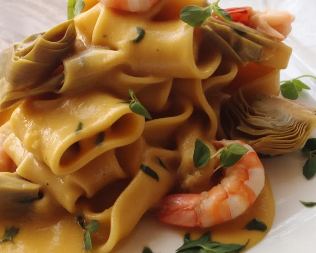 Mezzi paccheri con gamberi in un piatto elegante con pomodorini freschi.