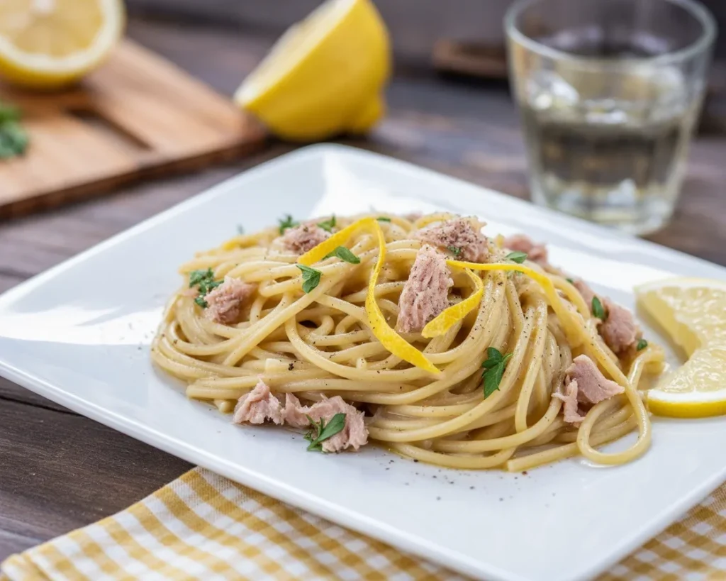 Spaghetti con tonno e limone in una padella con prezzemolo fresco