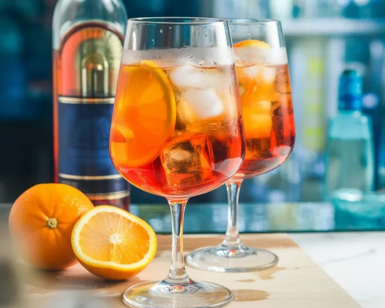 Un rinfrescante Aperol Spritz servito in un bicchiere con ghiaccio e arancia.