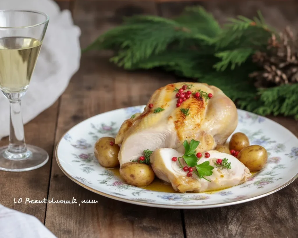 Arrosto di pollo al vino bianco con contorni freschi e profumati.
