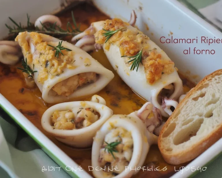 Calamari ripieni al forno, un delizioso secondo piatto di pesce mediterraneo.