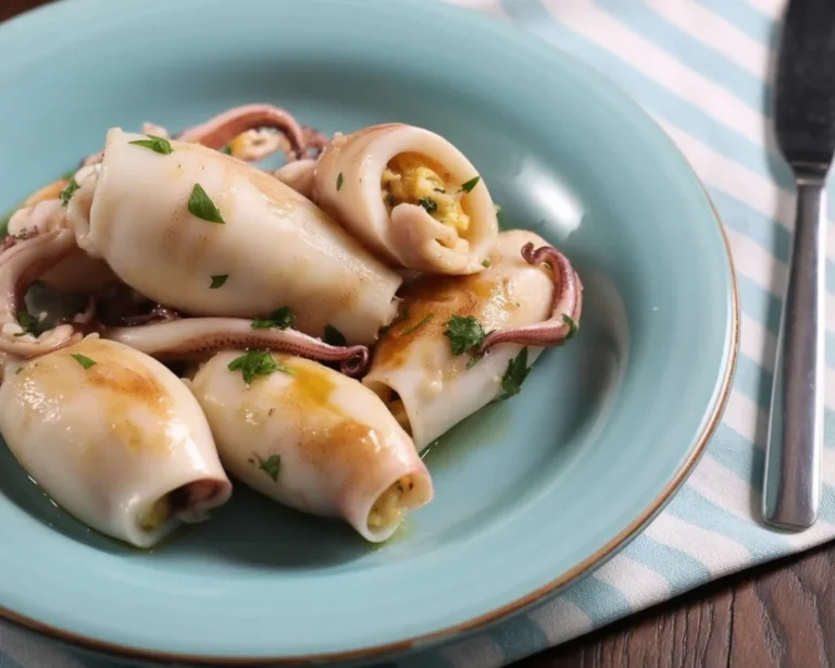 Calamari ripieni serviti con un leggero sugo di pomodoro e aromatizzati con verdure e formaggio.
