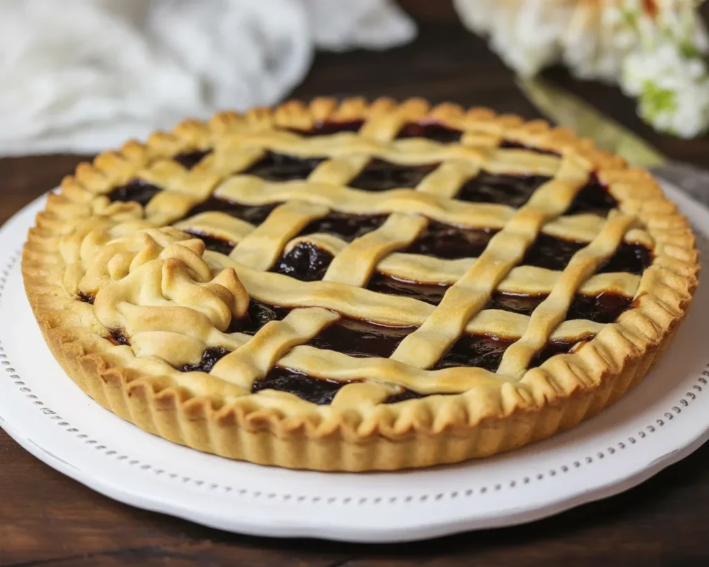 Crostata di marmellata con pasta frolla e ripieno di marmellata fatta in casa.