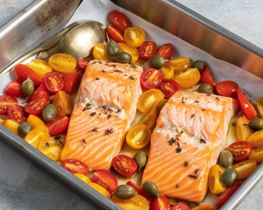 Filetti di salmone alla mediterranea con pomodorini, olive e capperi.