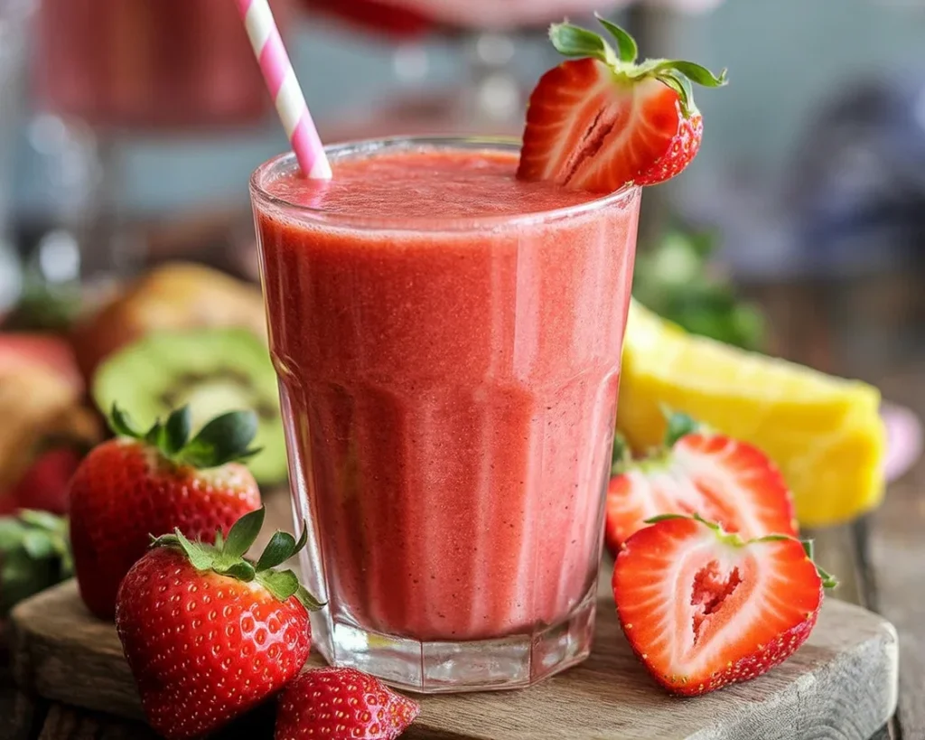 Frullato di frutta fresco e colorato in un bicchiere con fette di frutta.