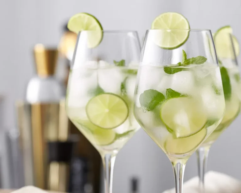 Cocktail Hugo Spritz con prosecco, St-Germain e menta in un bicchiere di vino.