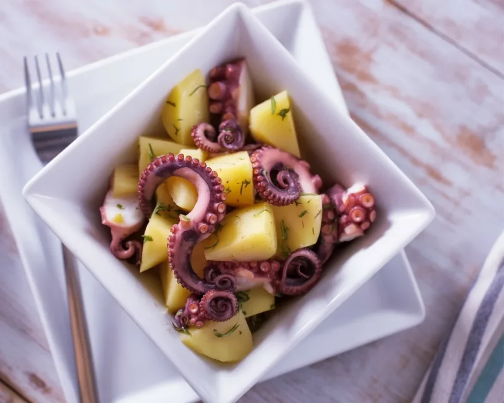 Insalata tiepida di polpo e patate pronta da servire, piatto delizioso e fresco.