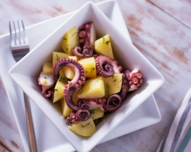 Insalata tiepida di polpo e patate pronta da servire, piatto delizioso e fresco.