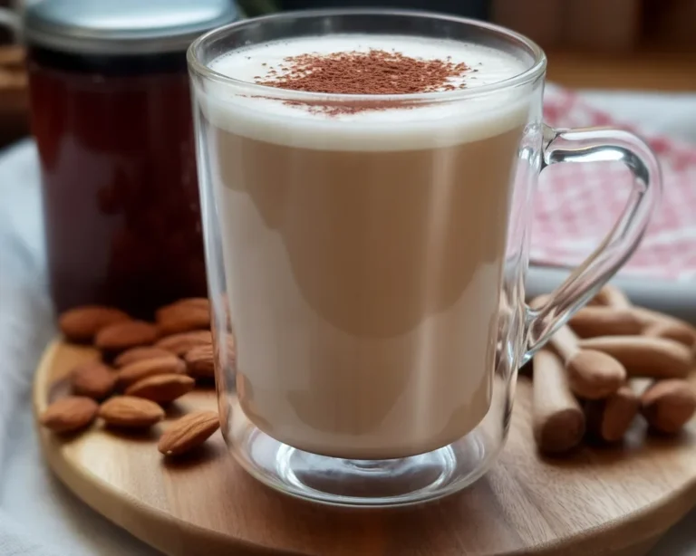 Latte di mandorla fresco servito in un bicchiere con mandorle sullo sfondo.