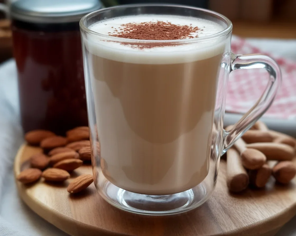 Latte di mandorla fresco servito in un bicchiere con mandorle sullo sfondo.