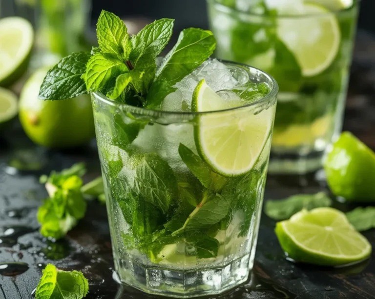 Un bicchiere di mojito fresco con menta, lime e rum bianco.