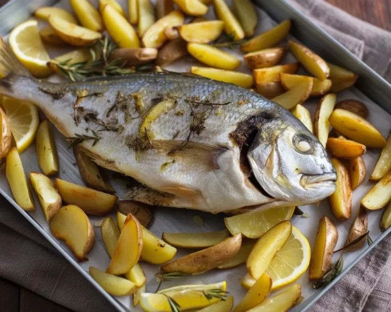 Orata al forno con patate e pomodorini, un piatto tipico della cucina italiana