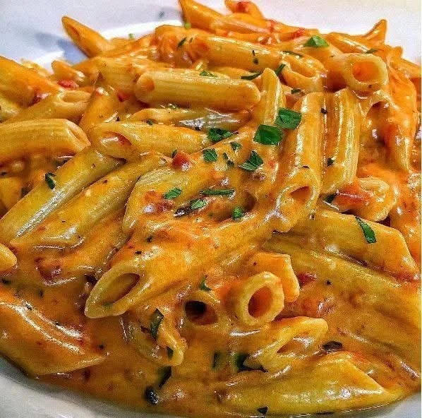Piatto di Penne alla vodka con salsa cremosa e pomodori freschi
