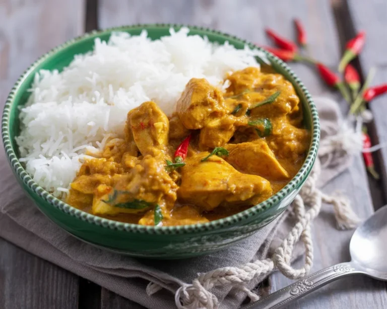 Pollo al curry in un piatto con ingredienti freschi e spezie aromatiche