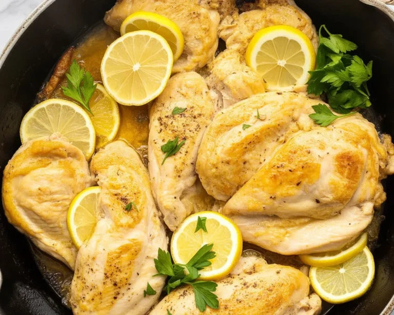 Pollo al limone, piatto di pollo tenero con salsa cremosa al limone.