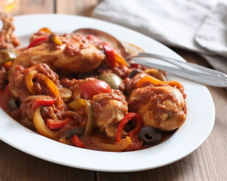 Pollo alla cacciatora cotto con salsa di pomodoro e spezie aromatiche
