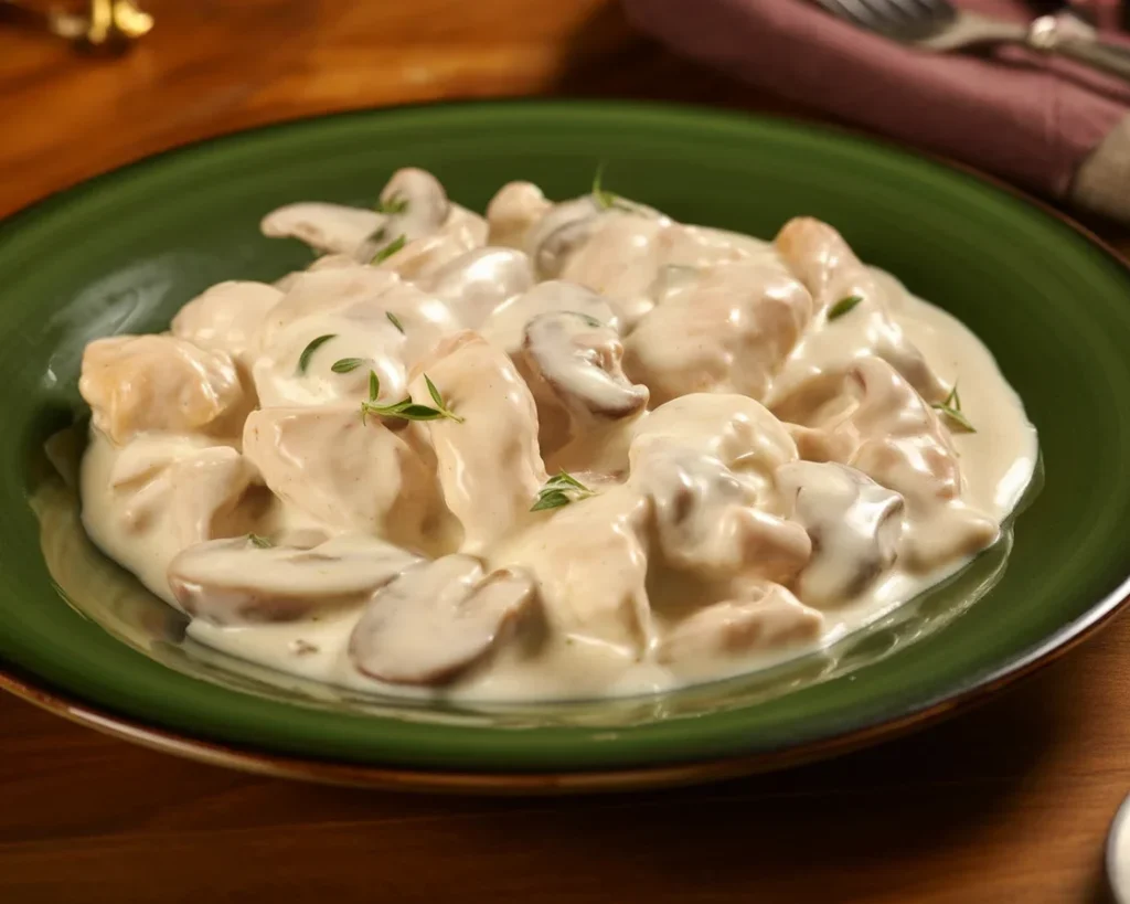 Pollo alla crema con funghi e salsa cremosa in un piatto delizioso