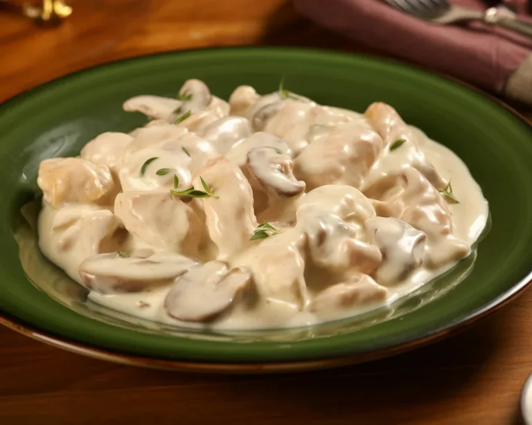 Pollo alla crema con funghi e salsa cremosa in un piatto delizioso