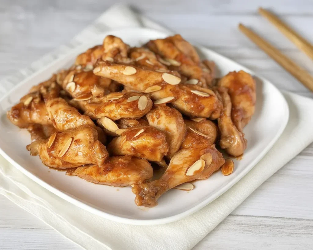 Pollo alle mandorle con salsa di soia e mandorle croccanti in un piatto cinese tradizionale.