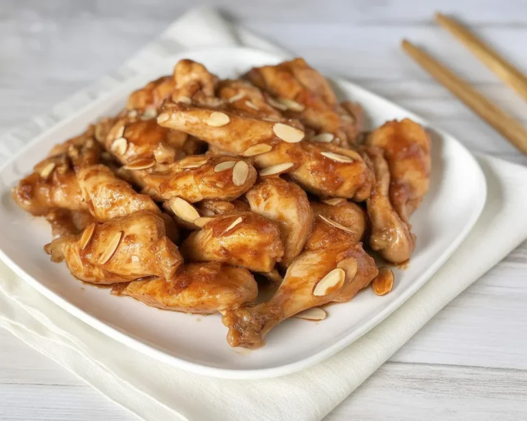 Pollo alle mandorle con salsa di soia e mandorle croccanti in un piatto cinese tradizionale.