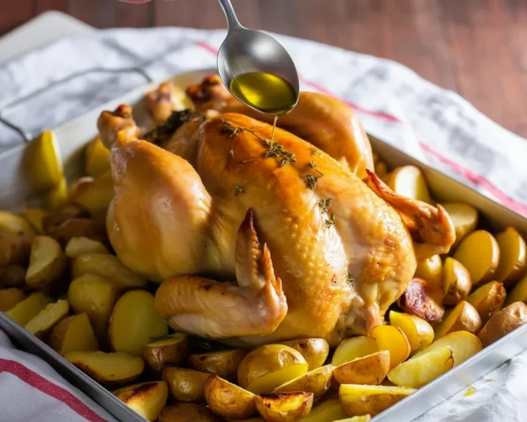 Pollo arrosto con contorni di patate e verdure fresche pronto da servire.