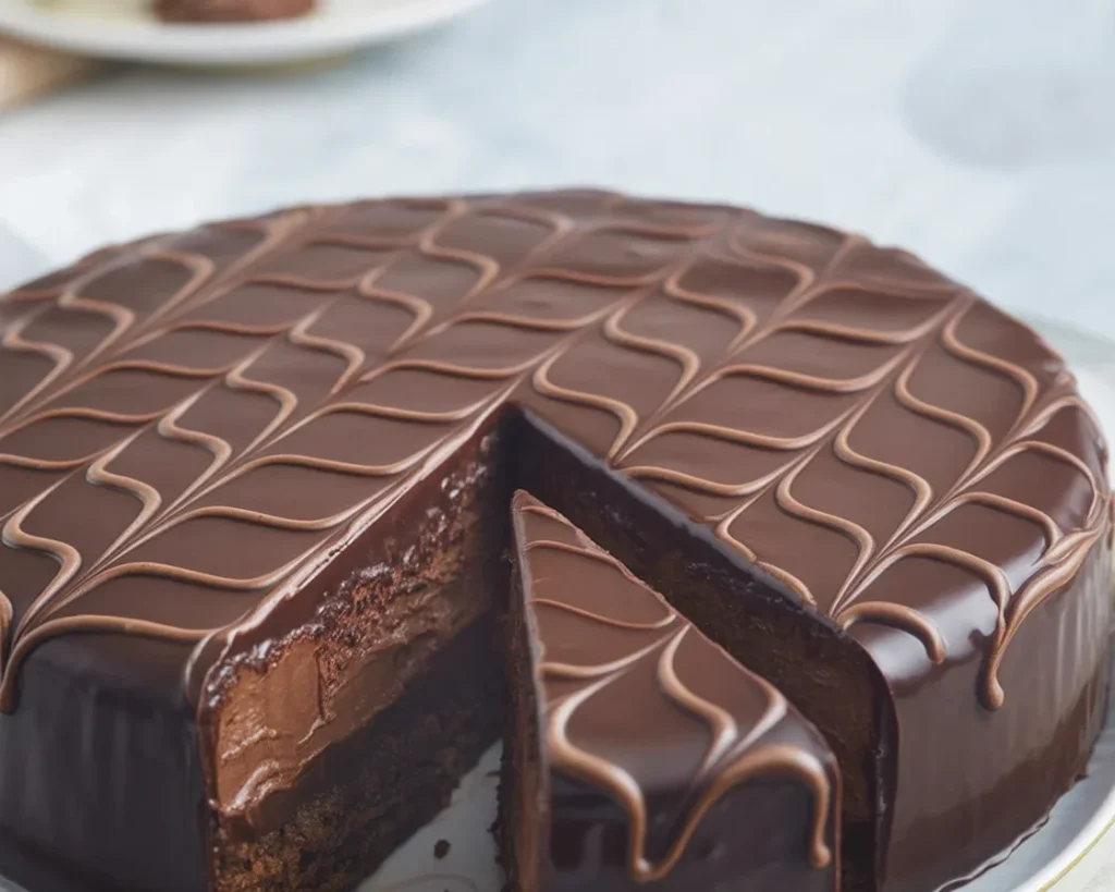 Torta Sacher al cioccolato con marmellata di albicocche sopra, dolce tradizionale di Vienna.
