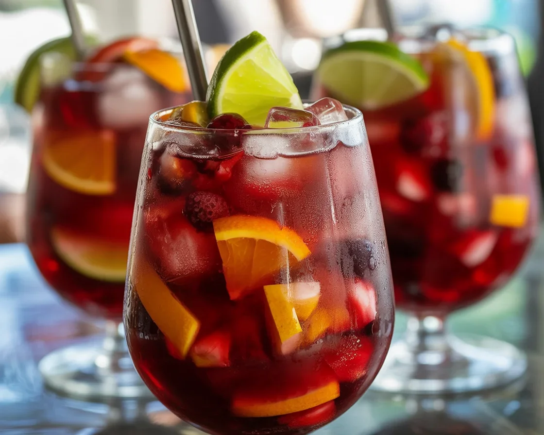 Sangria classica con frutta fresca e vino rosso in un bicchiere decorativo