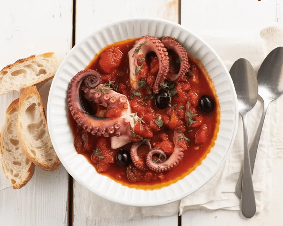 Polpo alla Luciana in un gustoso sughetto di pomodoro con olive e capperi