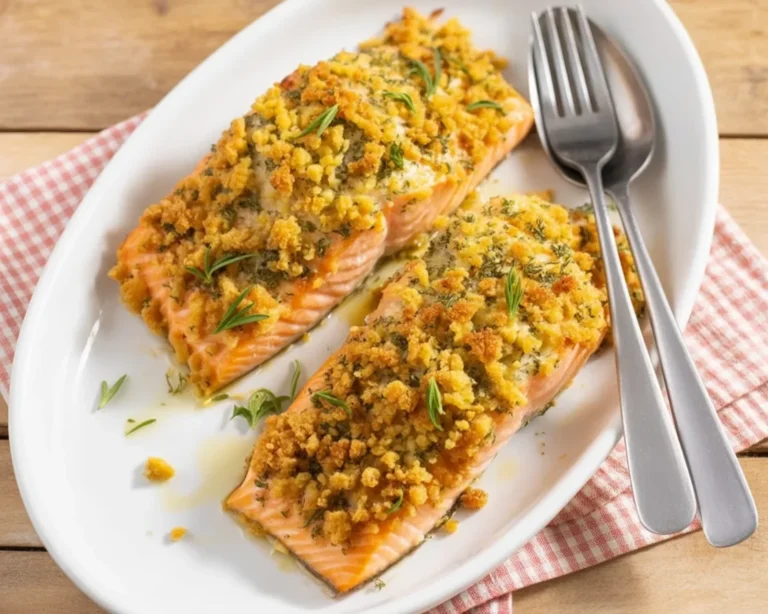 Trancio di salmone in padella croccante con panatura dorata.