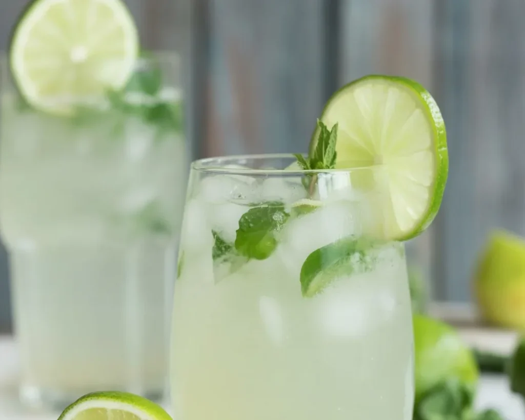 Virgin Mojito mocktail con lime e menta in un bicchiere con ghiaccio.