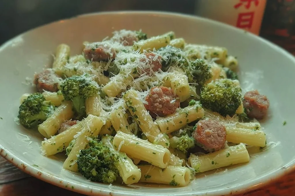 Caserecce pasta con salsiccia, crema di broccoli e patate in un piatto appetitoso