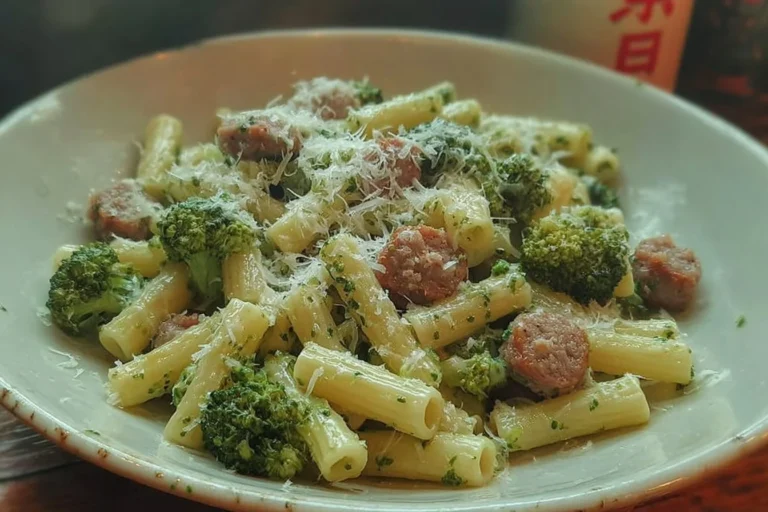 Caserecce pasta con salsiccia, crema di broccoli e patate in un piatto appetitoso