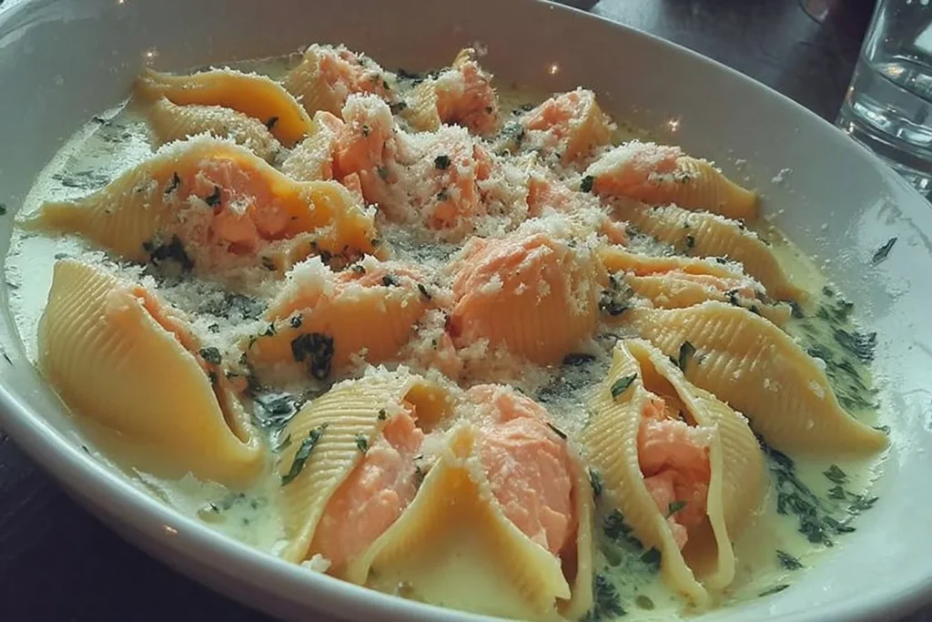 Piatto di Conchiglioni al Salmone e Zucchine, una deliziosa ricetta italiana.