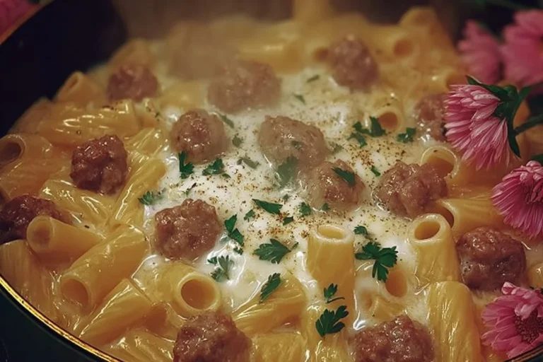 Mezze maniche rigate con crema di fagioli e salsiccia in un piatto gourmet
