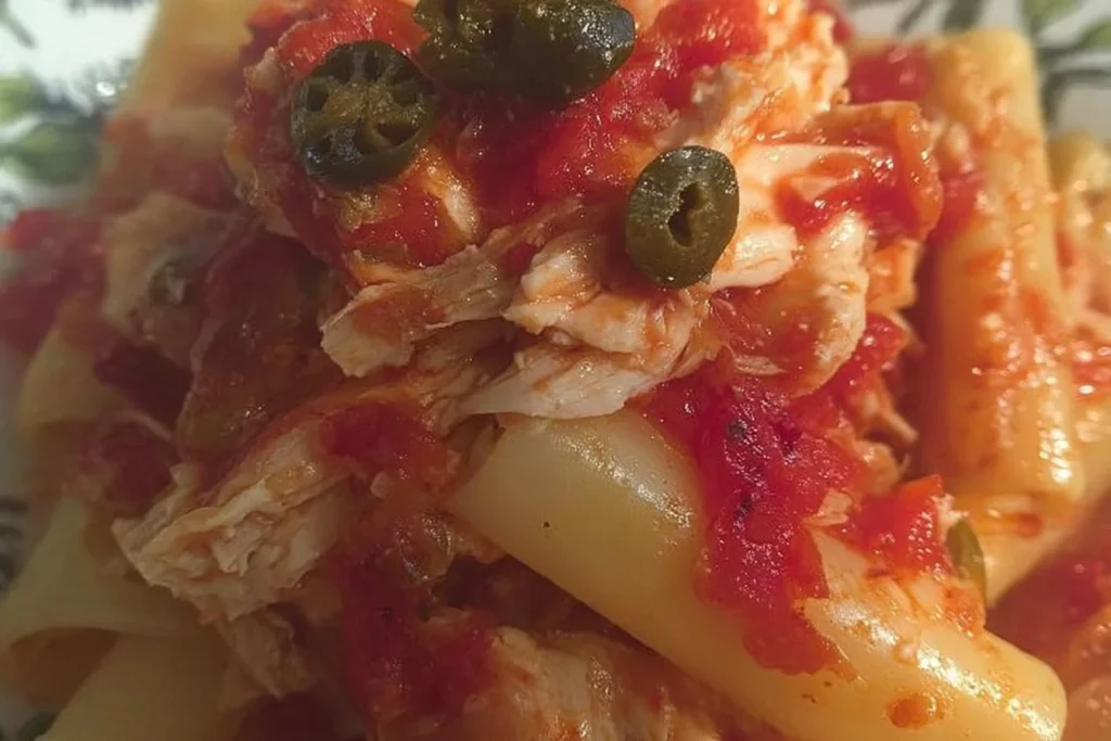 Paccheri con merluzzo, olive e capperi, un piatto italiano delizioso.