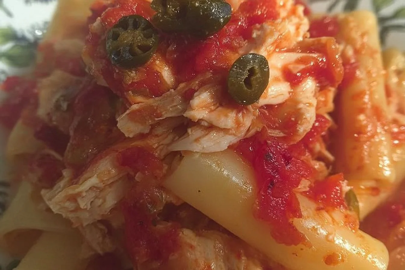 Paccheri con merluzzo, olive e capperi, un piatto italiano delizioso.