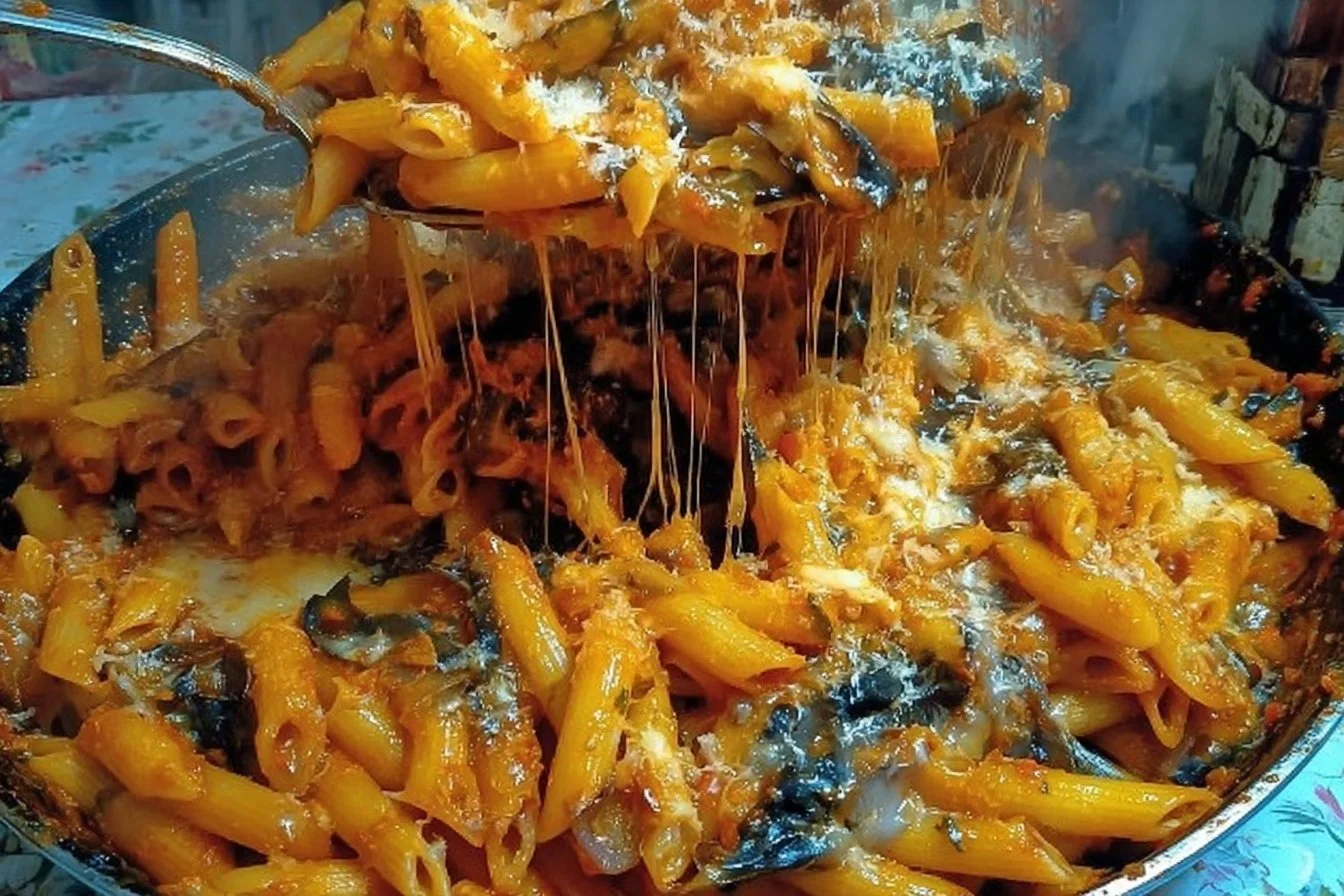 Pasta con melanzane fritte e provolone affumicato servita in un piatto
