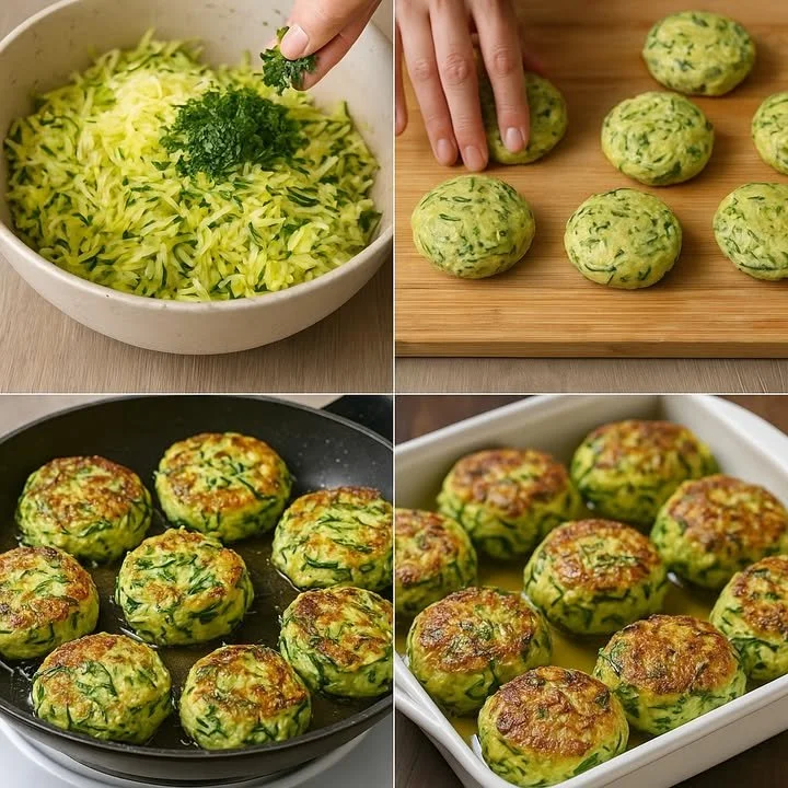 Polpette di zucchine al forno servite su un piatto bianco.