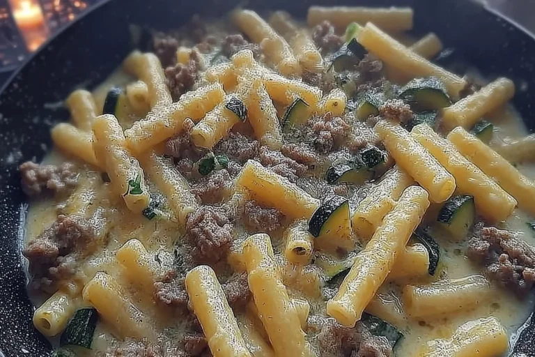 Piatto di Caserecce con salsiccia, zucchine e Philadelphia, cremosità e sapori.