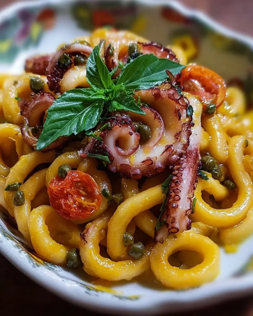 Piatto di busiate con calamaro e capperi, tipico della cucina siciliana.