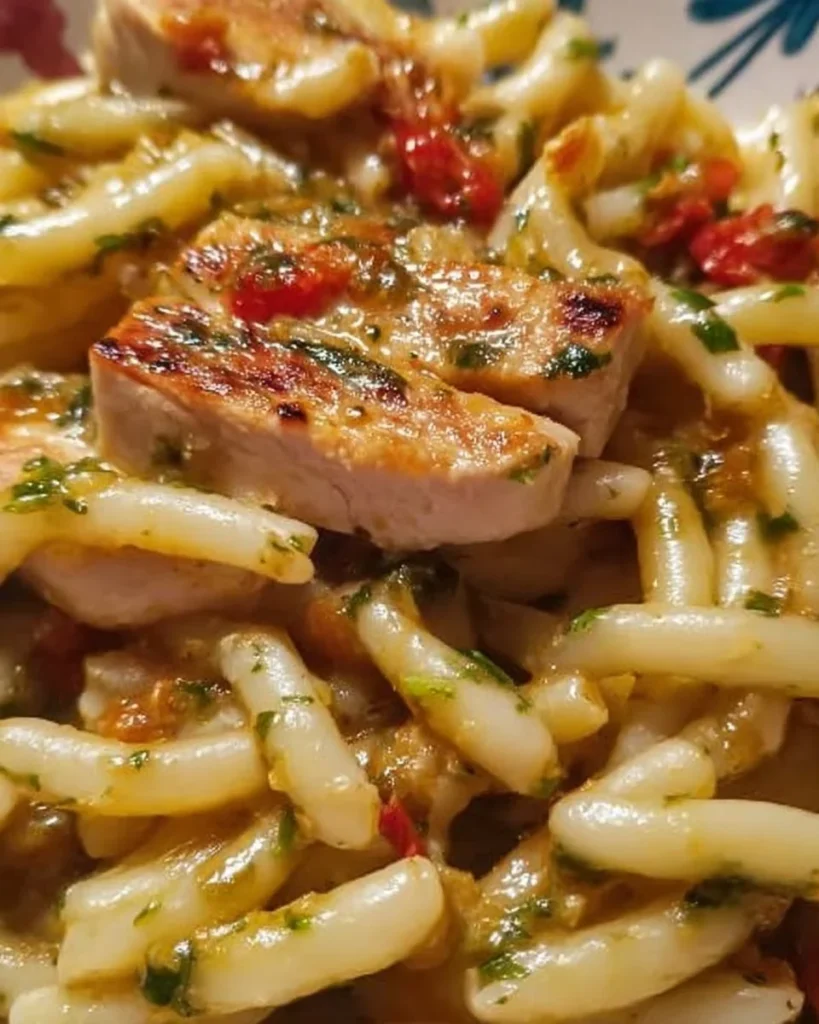 Caserecce con pesce spada in un piatto, piatto tipico mediterraneo.