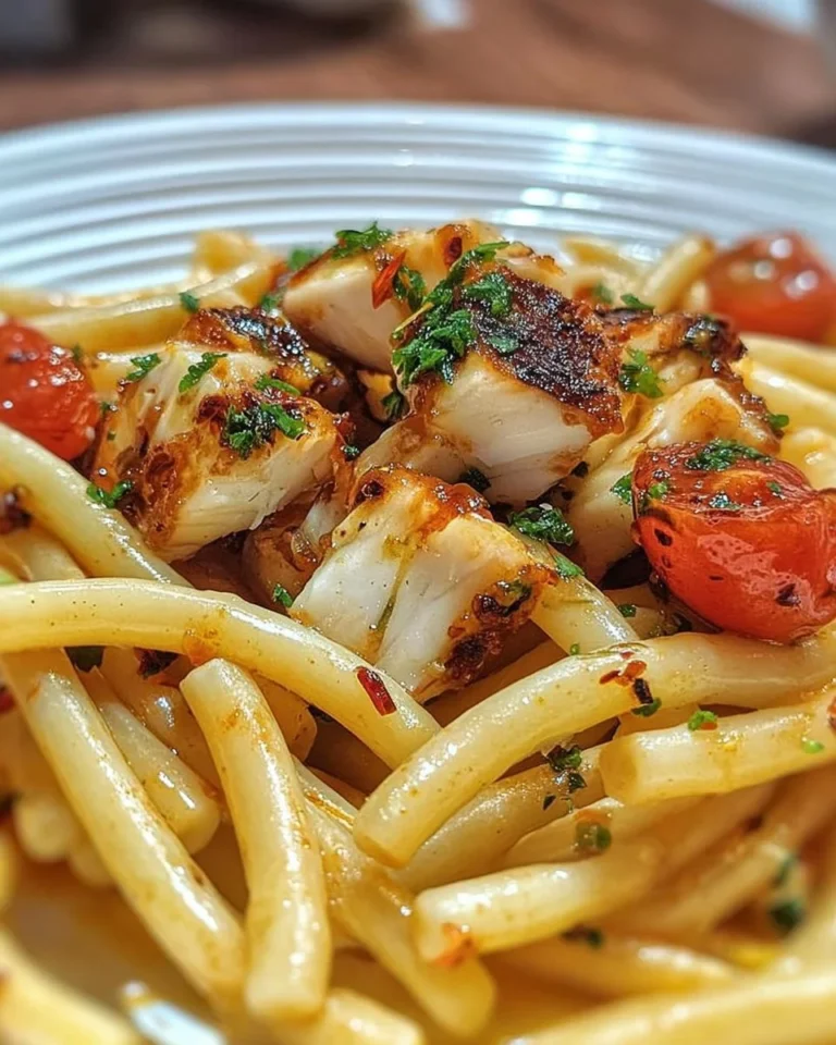 Piatto di caserecce con pesce spada cucinato in stile mediterraneo