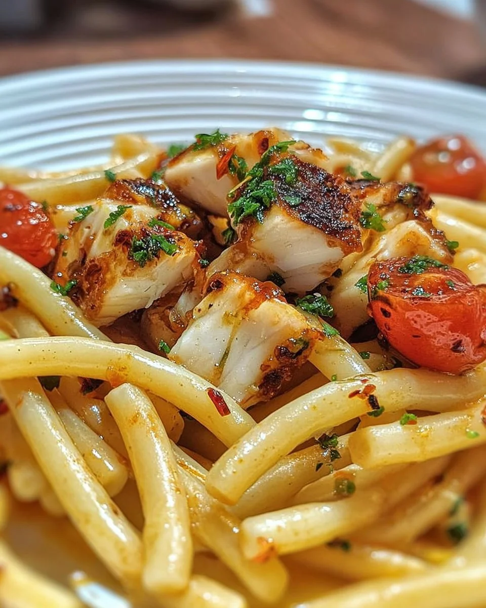 Piatto di caserecce con pesce spada cucinato in stile mediterraneo