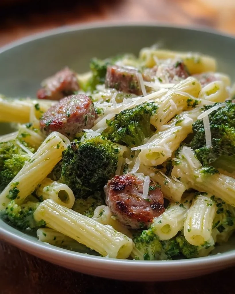 Caserecce con salsiccia, crema di broccoli e patate in un piatto delizioso