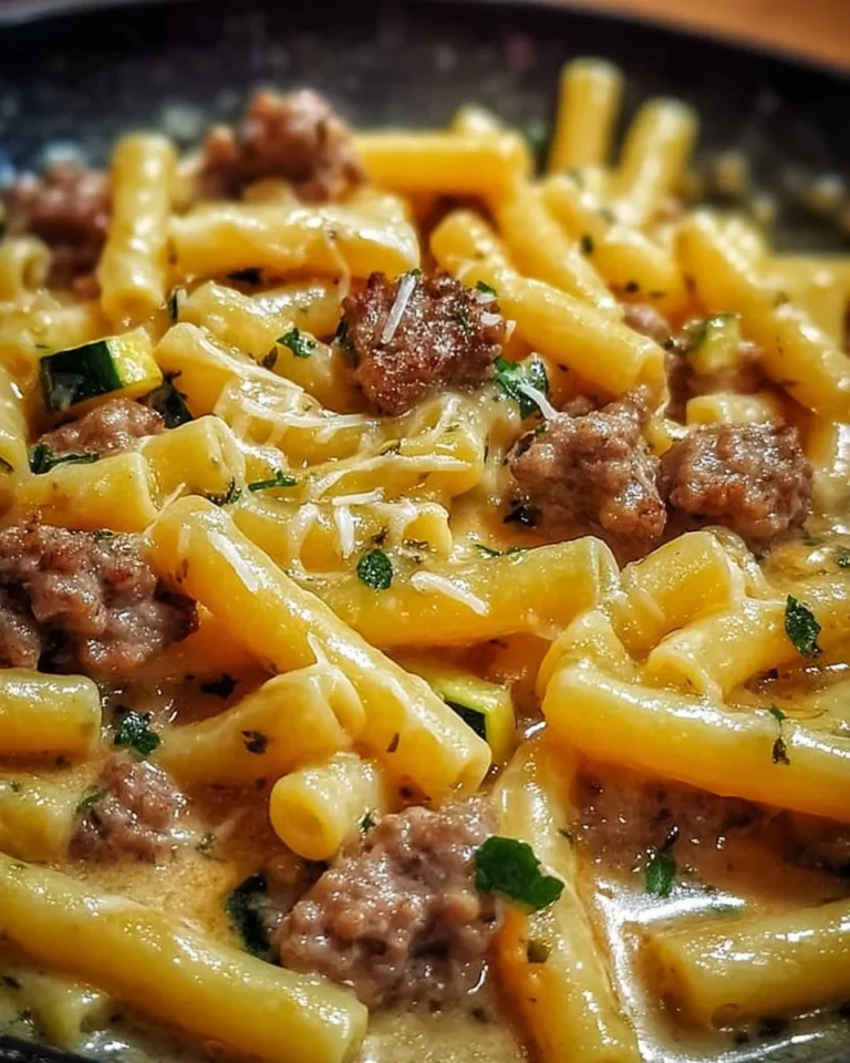 Piatto di caserecce con salsiccia, zucchine e Philadelphia, ricetta italiana.
