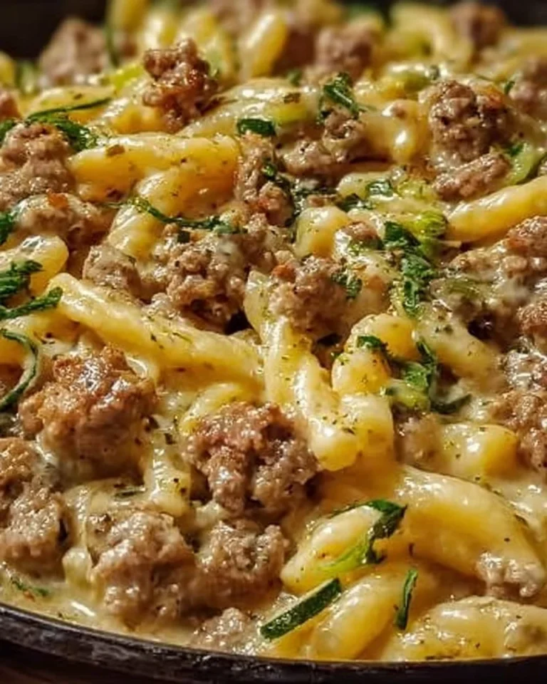 Caserecce con salsiccia, zucchine e Philadelphia in un piatto appetitoso.