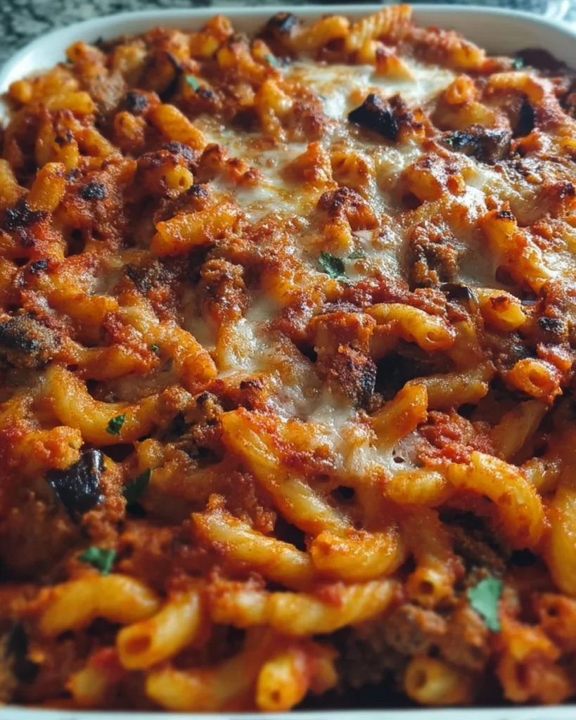 Cavatelli con salsa di melanzane, salsiccia e mozzarella serviti in un piatto.