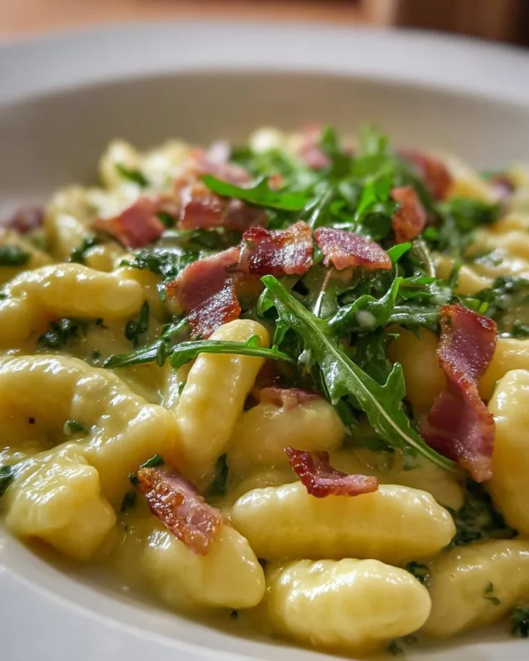 Cavatelli con speck, rucola e crema di patate, piatto tradizionale italiano