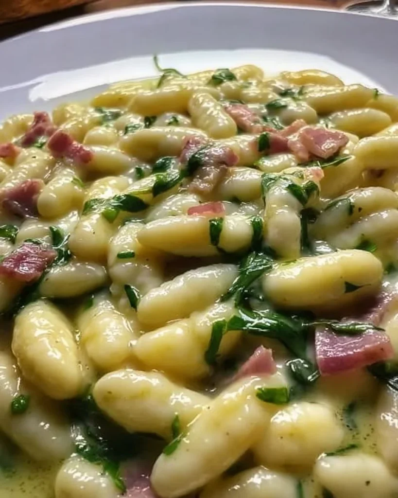 Cavatelli con speck, rucola e crema di patate serviti in un piatto colorato