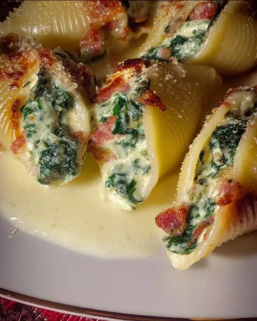 Conchiglioni ripieni con spinaci, ricotta e speck serviti in un piatto